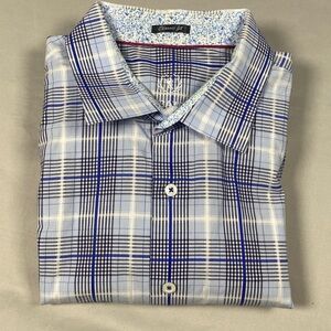 Bugatchi Men’s White Blue Checkered Button Down Dress Shirt Classic Fit XXL